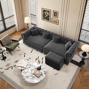 English Elm Chesterfield Velvet Sleeper Sofa Tufted 3 Seat Convertible Bed with Movable Ottoman Grey W1885S00542