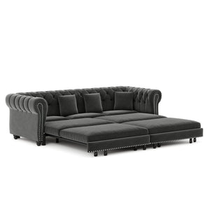English Elm Chesterfield Velvet Sleeper Sofa Tufted 3 Seat Convertible Bed with Movable Ottoman Grey W1885S00542