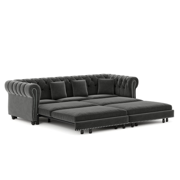 English Elm Chesterfield Velvet Sleeper Sofa Tufted 3 Seat Convertible Bed with Movable Ottoman Grey W1885S00542
