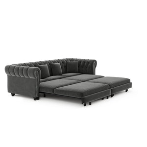 English Elm Chesterfield Velvet Sleeper Sofa Tufted 3 Seat Convertible Bed with Movable Ottoman Grey W1885S00542