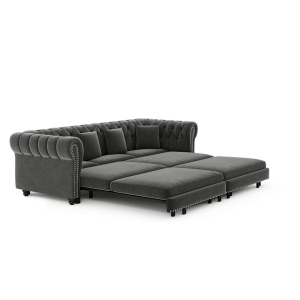 English Elm Chesterfield Velvet Sleeper Sofa Tufted 3 Seat Convertible Bed with Movable Ottoman Grey W1885S00542