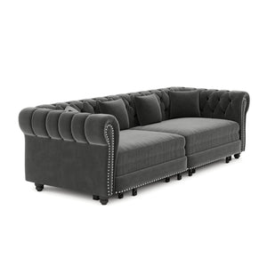 English Elm Chesterfield Velvet Sleeper Sofa Tufted 3 Seat Convertible Bed with Movable Ottoman Grey W1885S00542