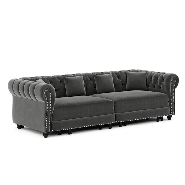 English Elm Chesterfield Velvet Sleeper Sofa Tufted 3 Seat Convertible Bed with Movable Ottoman Grey W1885S00542