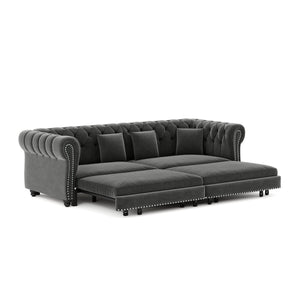 English Elm Chesterfield Velvet Sleeper Sofa Tufted 3 Seat Convertible Bed with Movable Ottoman Grey W1885S00542