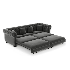 English Elm Chesterfield Velvet Sleeper Sofa Tufted 3 Seat Convertible Bed with Movable Ottoman Grey W1885S00542