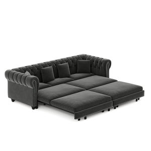 English Elm Chesterfield Velvet Sleeper Sofa Tufted 3 Seat Convertible Bed with Movable Ottoman Grey W1885S00542