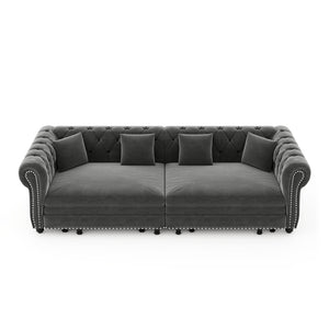 English Elm Chesterfield Velvet Sleeper Sofa Tufted 3 Seat Convertible Bed with Movable Ottoman Grey W1885S00542