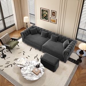 English Elm Chesterfield Velvet Sleeper Sofa Tufted 3 Seat Convertible Bed with Movable Ottoman Grey W1885S00542