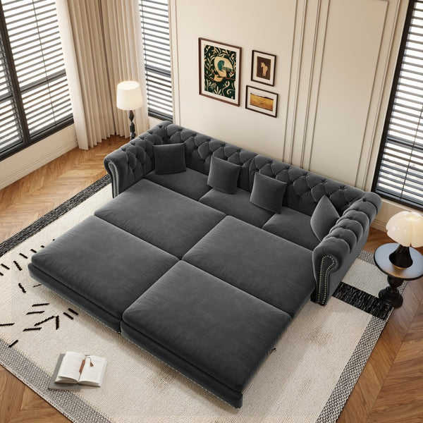 English Elm Chesterfield Velvet Sleeper Sofa Tufted 3 Seat Convertible Bed with Movable Ottoman Grey W1885S00542