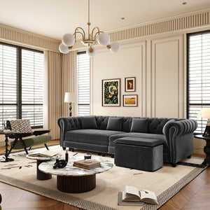 English Elm Chesterfield Velvet Sleeper Sofa Tufted 3 Seat Convertible Bed with Movable Ottoman Grey W1885S00542