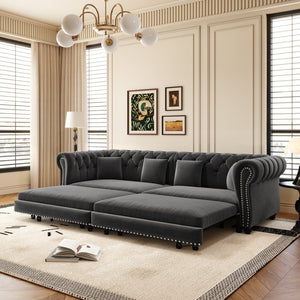 English Elm Chesterfield Velvet Sleeper Sofa Tufted 3 Seat Convertible Bed with Movable Ottoman Grey W1885S00542