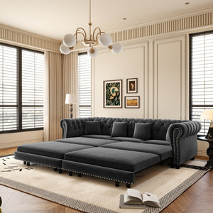 English Elm Chesterfield Velvet Sleeper Sofa Tufted 3 Seat Convertible Bed with Movable Ottoman Grey W1885S00542