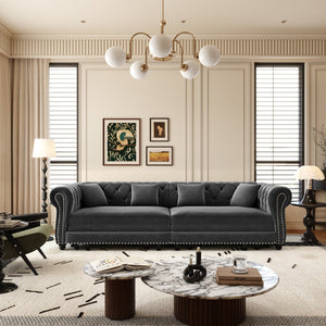 English Elm Chesterfield Velvet Sleeper Sofa Tufted 3 Seat Convertible Bed with Movable Ottoman Grey W1885S00542