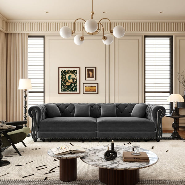 English Elm Chesterfield Velvet Sleeper Sofa Tufted 3 Seat Convertible Bed with Movable Ottoman Grey W1885S00542
