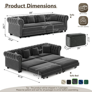 English Elm Chesterfield Velvet Sleeper Sofa Tufted 3 Seat Convertible Bed with Movable Ottoman Grey W1885S00542