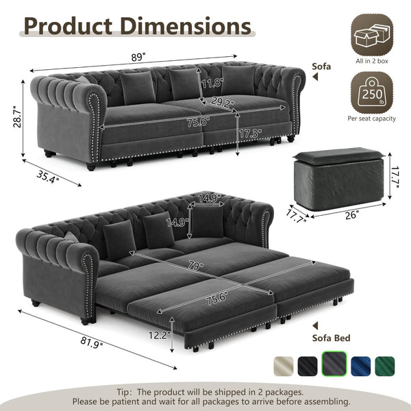 English Elm Chesterfield Velvet Sleeper Sofa Tufted 3 Seat Convertible Bed with Movable Ottoman Grey W1885S00542