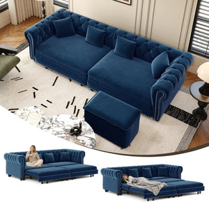 English Elm Chesterfield Velvet Sleeper Sofa Tufted 3 Seat Convertible Bed with Movable Ottoman Blue W1885S00543