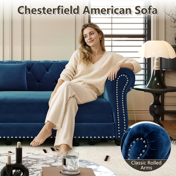 English Elm Chesterfield Velvet Sleeper Sofa Tufted 3 Seat Convertible Bed with Movable Ottoman Blue W1885S00543