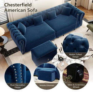 English Elm Chesterfield Velvet Sleeper Sofa Tufted 3 Seat Convertible Bed with Movable Ottoman Blue W1885S00543