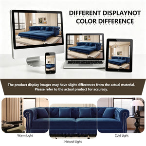 English Elm Chesterfield Velvet Sleeper Sofa Tufted 3 Seat Convertible Bed with Movable Ottoman Blue W1885S00543