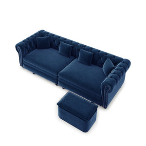English Elm Chesterfield Velvet Sleeper Sofa Tufted 3 Seat Convertible Bed with Movable Ottoman Blue W1885S00543