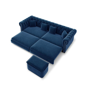 English Elm Chesterfield Velvet Sleeper Sofa Tufted 3 Seat Convertible Bed with Movable Ottoman Blue W1885S00543