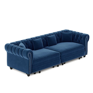 English Elm Chesterfield Velvet Sleeper Sofa Tufted 3 Seat Convertible Bed with Movable Ottoman Blue W1885S00543