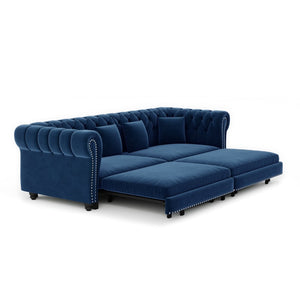 English Elm Chesterfield Velvet Sleeper Sofa Tufted 3 Seat Convertible Bed with Movable Ottoman Blue W1885S00543