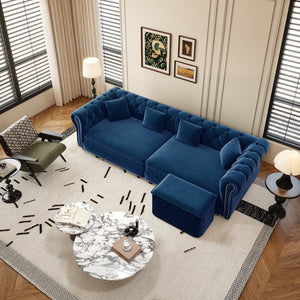 English Elm Chesterfield Velvet Sleeper Sofa Tufted 3 Seat Convertible Bed with Movable Ottoman Blue W1885S00543