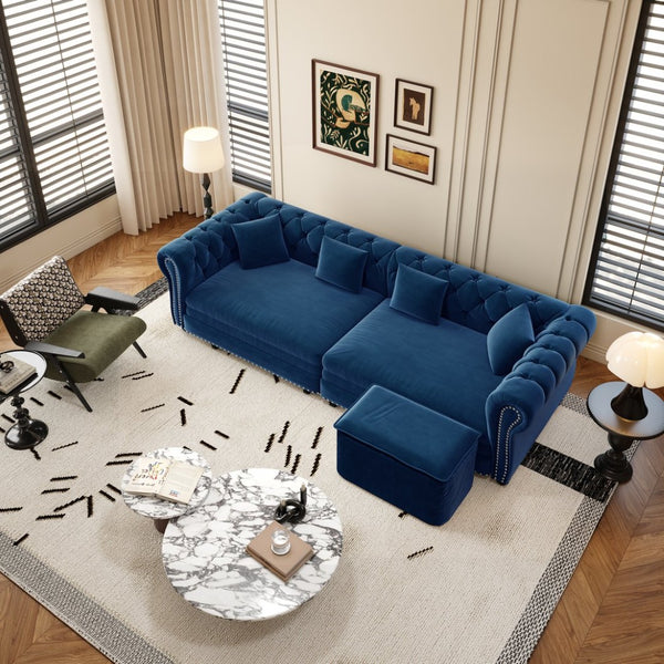 English Elm Chesterfield Velvet Sleeper Sofa Tufted 3 Seat Convertible Bed with Movable Ottoman Blue W1885S00543