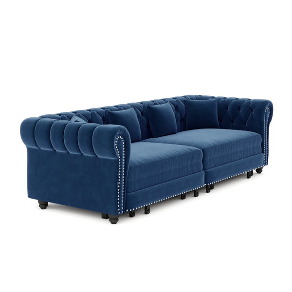 English Elm Chesterfield Velvet Sleeper Sofa Tufted 3 Seat Convertible Bed with Movable Ottoman Blue W1885S00543