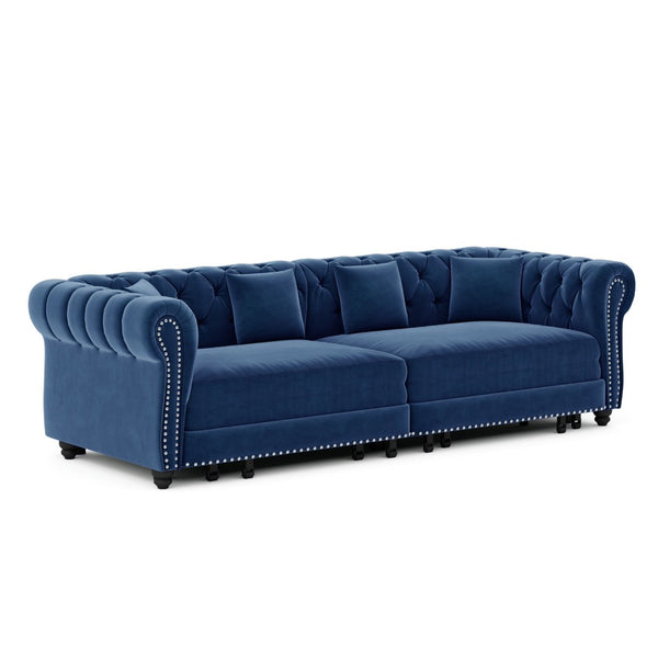 English Elm Chesterfield Velvet Sleeper Sofa Tufted 3 Seat Convertible Bed with Movable Ottoman Blue W1885S00543