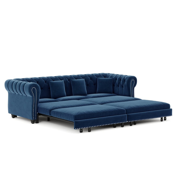 English Elm Chesterfield Velvet Sleeper Sofa Tufted 3 Seat Convertible Bed with Movable Ottoman Blue W1885S00543