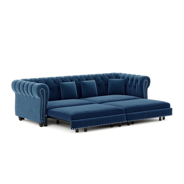 English Elm Chesterfield Velvet Sleeper Sofa Tufted 3 Seat Convertible Bed with Movable Ottoman Blue W1885S00543