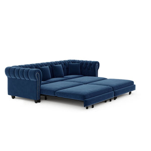 English Elm Chesterfield Velvet Sleeper Sofa Tufted 3 Seat Convertible Bed with Movable Ottoman Blue W1885S00543
