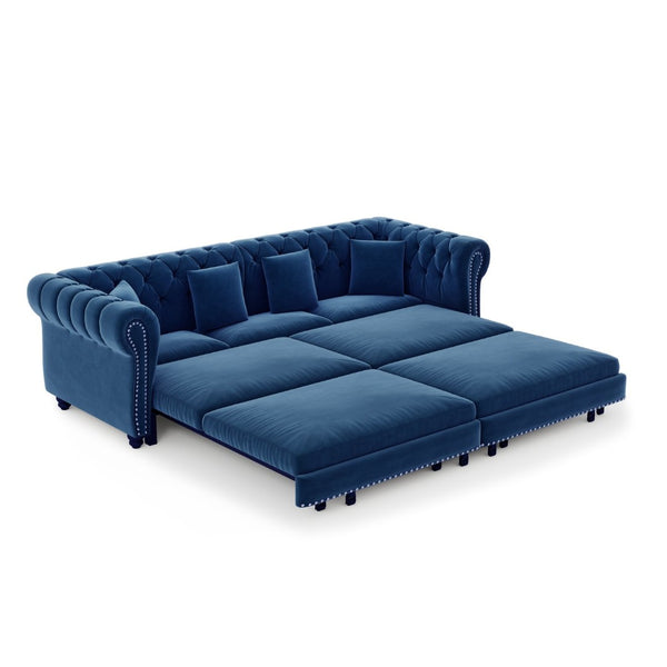 English Elm Chesterfield Velvet Sleeper Sofa Tufted 3 Seat Convertible Bed with Movable Ottoman Blue W1885S00543