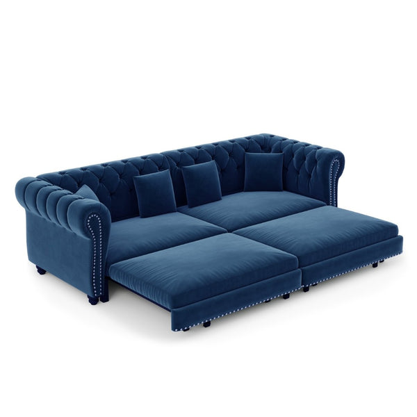 English Elm Chesterfield Velvet Sleeper Sofa Tufted 3 Seat Convertible Bed with Movable Ottoman Blue W1885S00543