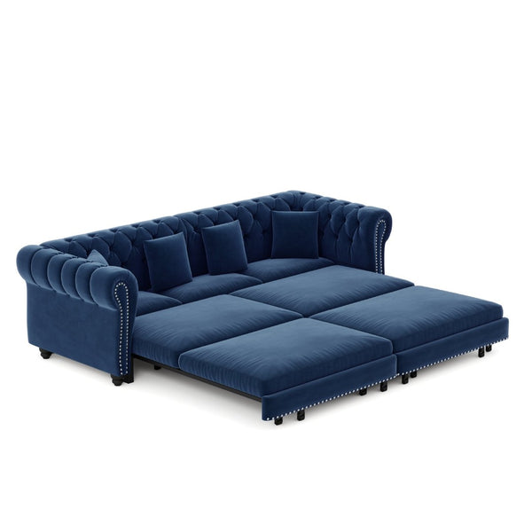 English Elm Chesterfield Velvet Sleeper Sofa Tufted 3 Seat Convertible Bed with Movable Ottoman Blue W1885S00543
