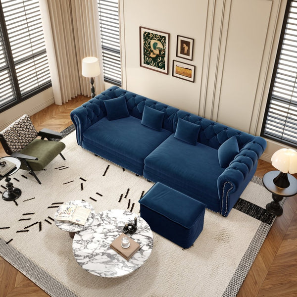 English Elm Chesterfield Velvet Sleeper Sofa Tufted 3 Seat Convertible Bed with Movable Ottoman Blue W1885S00543