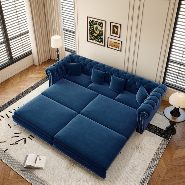 English Elm Chesterfield Velvet Sleeper Sofa Tufted 3 Seat Convertible Bed with Movable Ottoman Blue W1885S00543