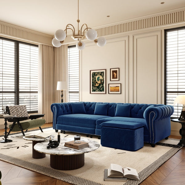 English Elm Chesterfield Velvet Sleeper Sofa Tufted 3 Seat Convertible Bed with Movable Ottoman Blue W1885S00543