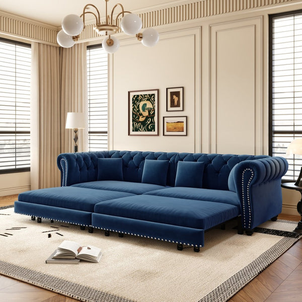 English Elm Chesterfield Velvet Sleeper Sofa Tufted 3 Seat Convertible Bed with Movable Ottoman Blue W1885S00543
