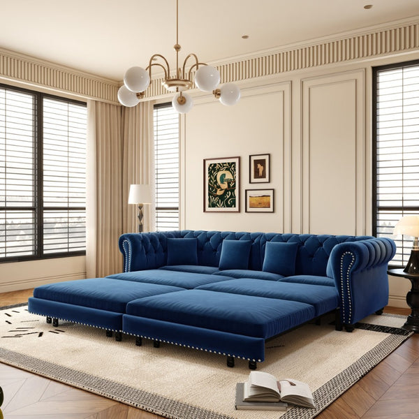 English Elm Chesterfield Velvet Sleeper Sofa Tufted 3 Seat Convertible Bed with Movable Ottoman Blue W1885S00543
