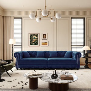 English Elm Chesterfield Velvet Sleeper Sofa Tufted 3 Seat Convertible Bed with Movable Ottoman Blue W1885S00543