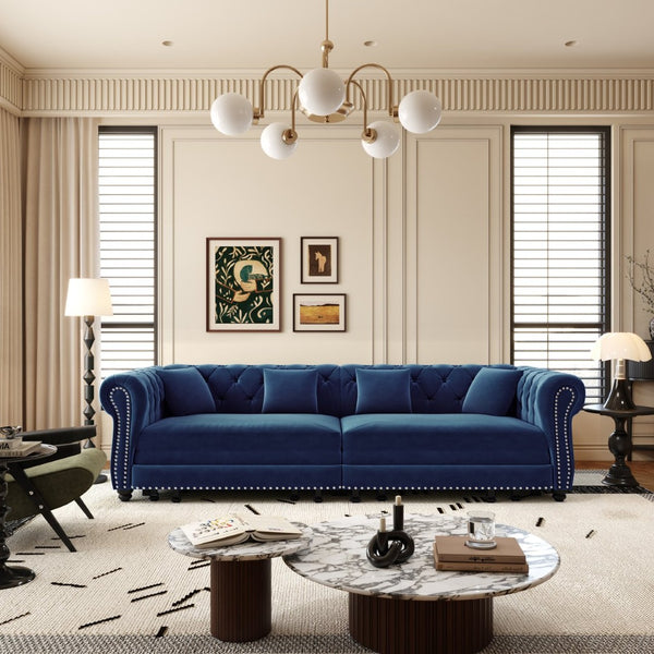 English Elm Chesterfield Velvet Sleeper Sofa Tufted 3 Seat Convertible Bed with Movable Ottoman Blue W1885S00543