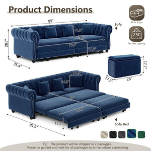 English Elm Chesterfield Velvet Sleeper Sofa Tufted 3 Seat Convertible Bed with Movable Ottoman Blue W1885S00543