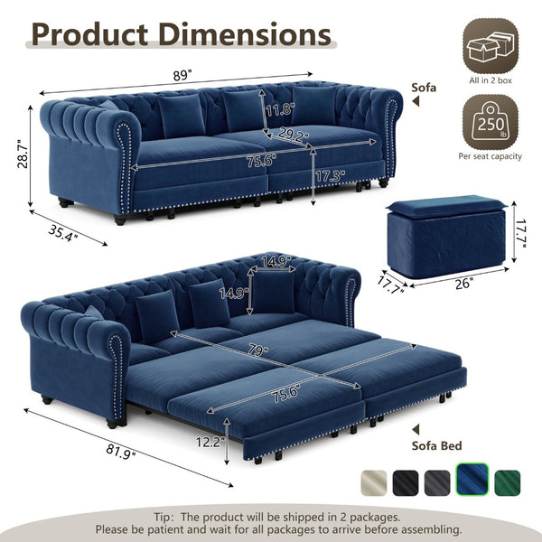English Elm Chesterfield Velvet Sleeper Sofa Tufted 3 Seat Convertible Bed with Movable Ottoman Blue W1885S00543
