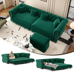 English Elm Chesterfield Velvet Sleeper Sofa with Tufted Arms and Detachable Ottoman for Living Rooms Green W1885S00544