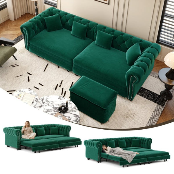 English Elm Chesterfield Velvet Sleeper Sofa with Tufted Arms and Detachable Ottoman for Living Rooms Green W1885S00544