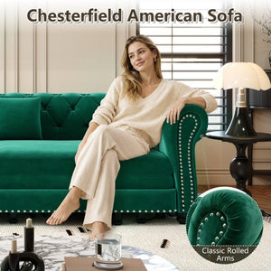 English Elm Chesterfield Velvet Sleeper Sofa with Tufted Arms and Detachable Ottoman for Living Rooms Green W1885S00544